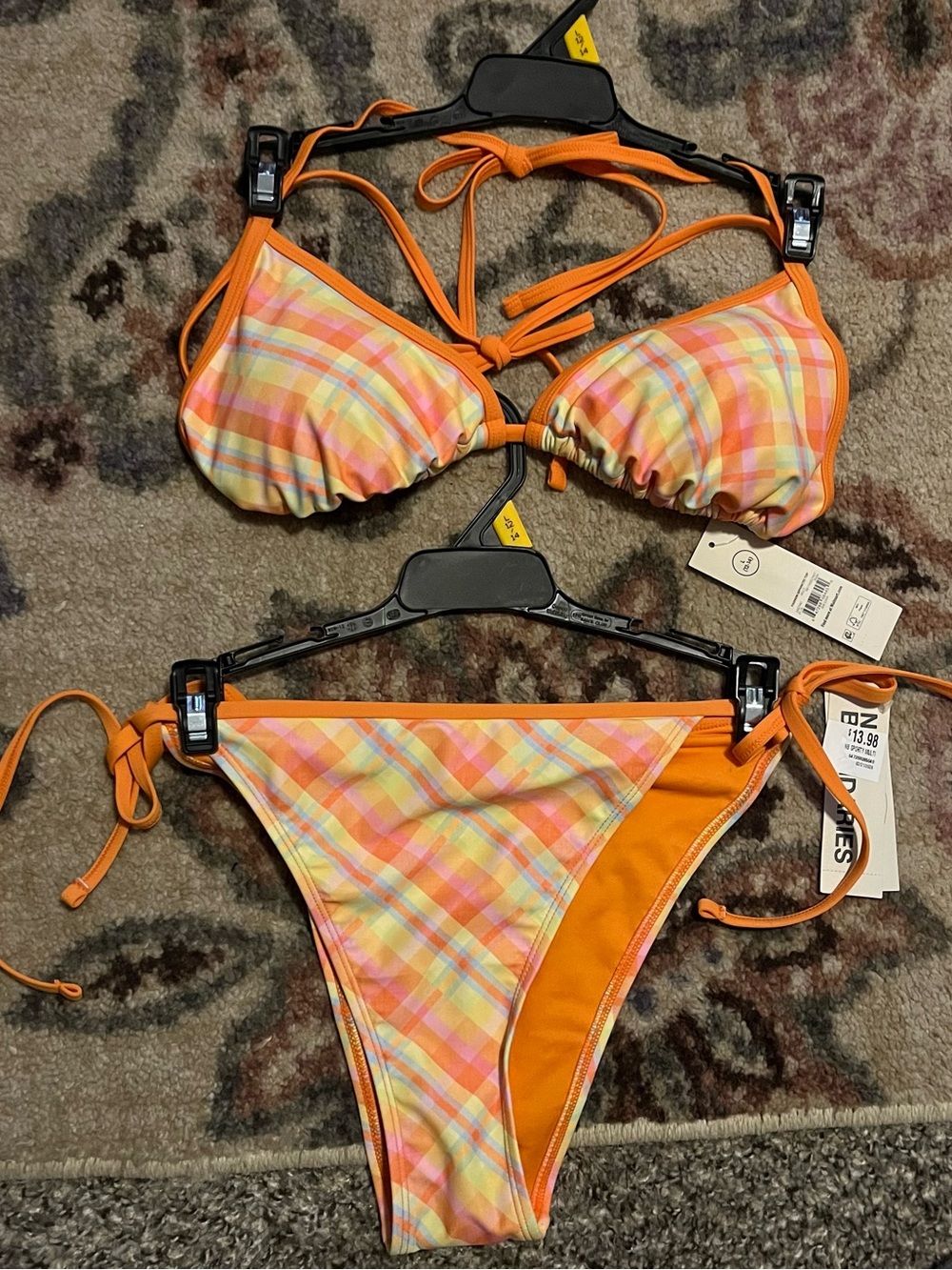 No Boundaries Orange Plaid Triangle Bikini Set - Picture 3 of 9